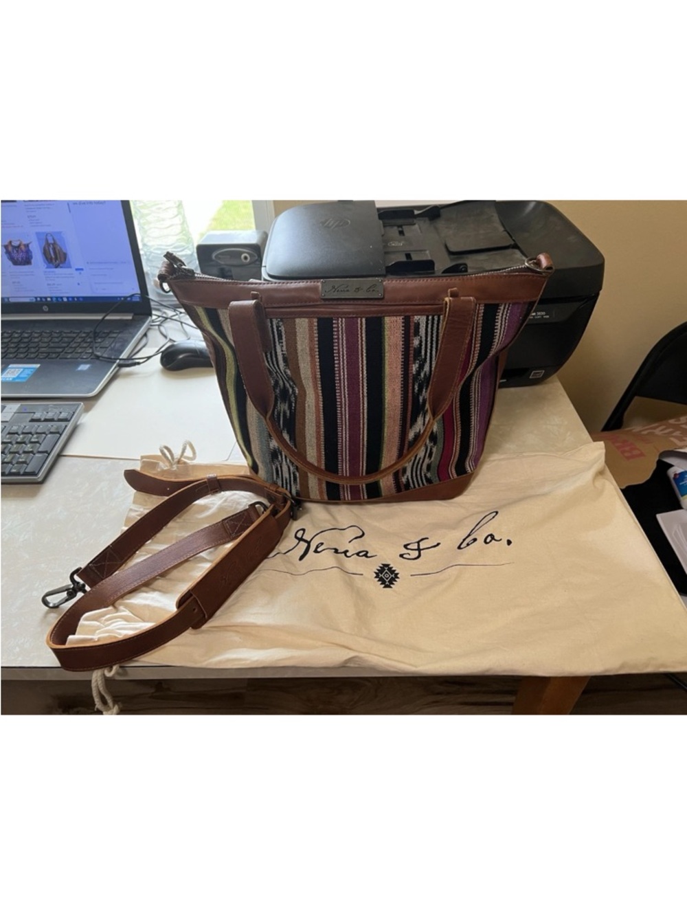 Nena & Co Medium Woven Tote Leather Trim Zip Top Shoulder Strap Dust Bag EUC - Picture 3 of 13
